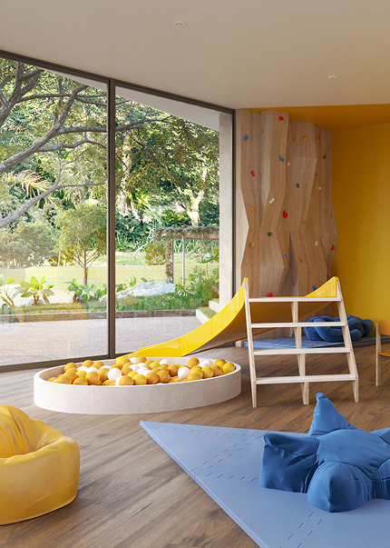 Brinquedoteca com escorregador, piscina de bolinhas e parede de escalada