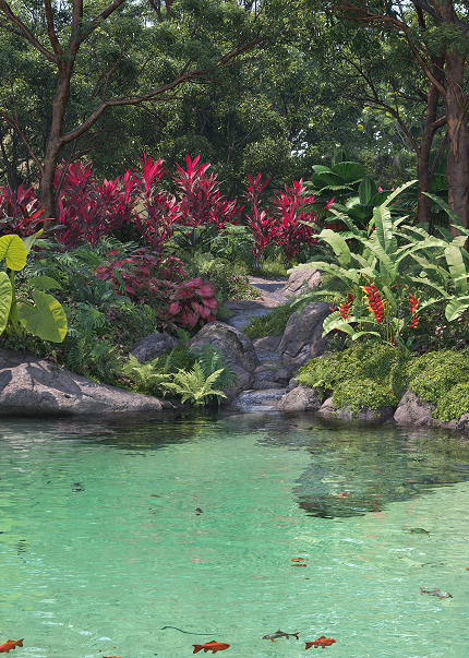 Piscina natural com peixes, cercada por vegetação tropical